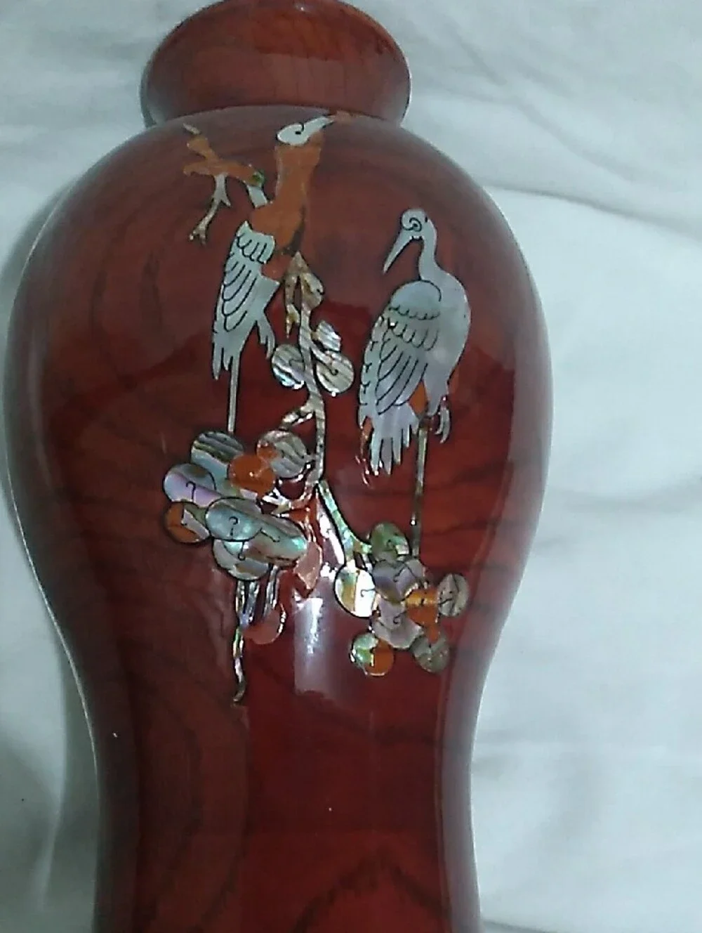 VNTG Japanese Red Lacquer Wood Vase  Mother-of-Pearl Crane  (B9)